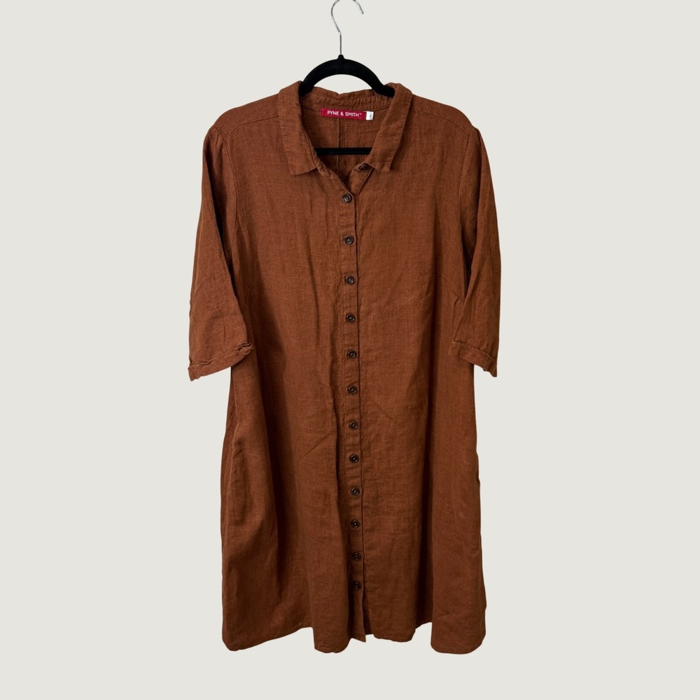 Pyne & Smith 100% Linen European Flax Button Down Shirt Dress Rust Brown XL Fall